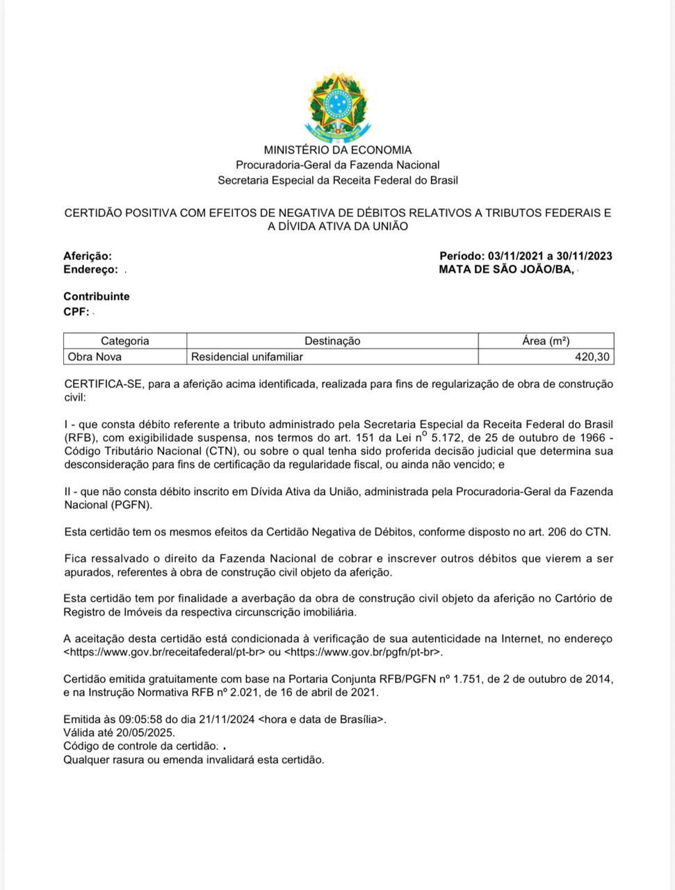 CND emitida — Mata de São João/BA · Residencial unifamiliar