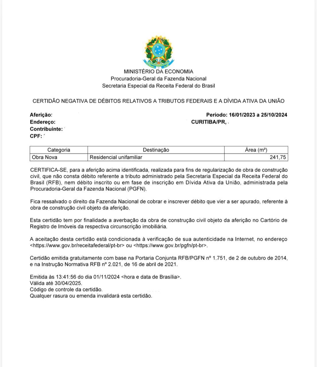 CND emitida — Curitiba/PR · Residencial unifamiliar